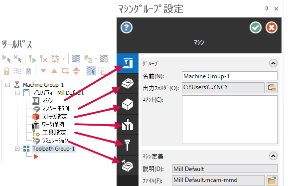 ツールパス マネージャのマシングループ設定パネルへのリンク。